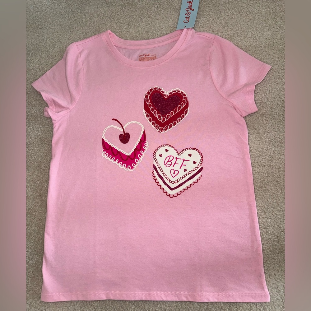 NWT Cat & Jack Girl's 
Pink Hearts BFF Glittery Short Sleeve Tee Large 10 12
